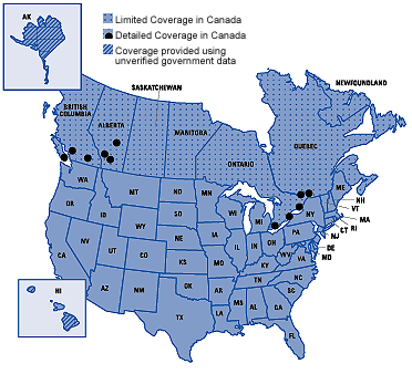 US and Canada coverage of MapSource City Select v5.0